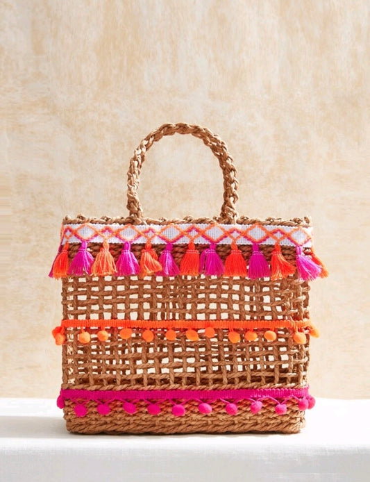 Cartera Tejida, Decorada Con Borlas